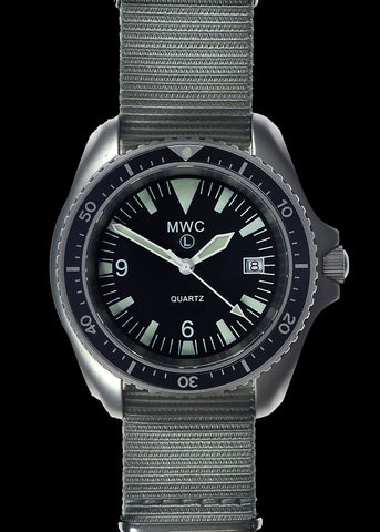 MWC 24 Jewel 1982 Pattern 300m Automatic Military Divers Watch in Black PVD with a Sapphire Crystal on a NATO Webbing Strap (Date Version)