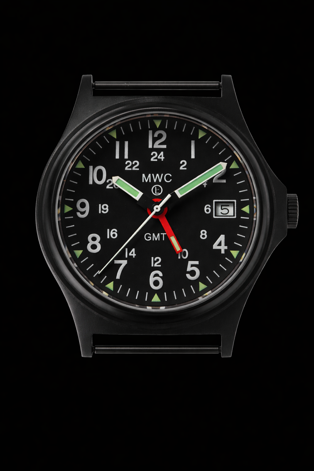 MWC GMT (Dual Time Zone) 200m/660ft Water resistant Military Watch in Black PVD Steel Case with Screw Crown