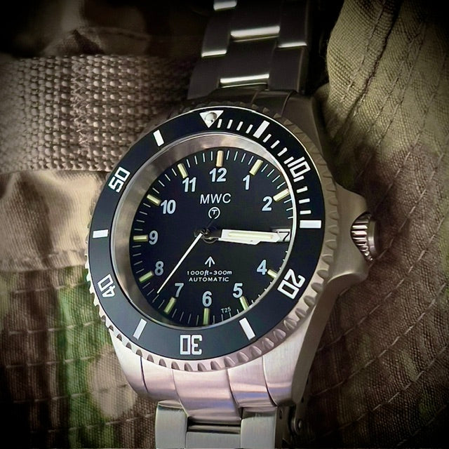 MWC 24 Jewel 300m Automatic Military Divers Watch with Tritium GTLS Illumination, Sapphire Crystal and Ceramic Bezel and Steel Bracelet