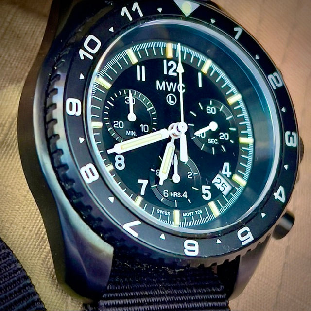 MWC NATO Pattern Stainless Steel Military Pilots Chronograph with Sapphire Crystal and Swiss Ronda Movement - 12 Hour GMT Bezel and GTLS/Tritium Illumination