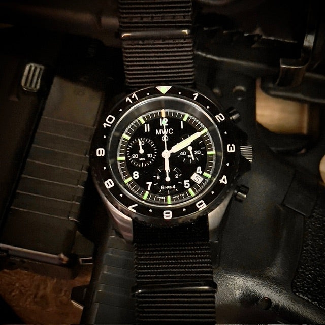 MWC NATO Pattern Stainless Steel Military Pilots Chronograph with Sapphire Crystal and Swiss Ronda Movement - 12 Hour GMT Bezel and GTLS/Tritium Illumination