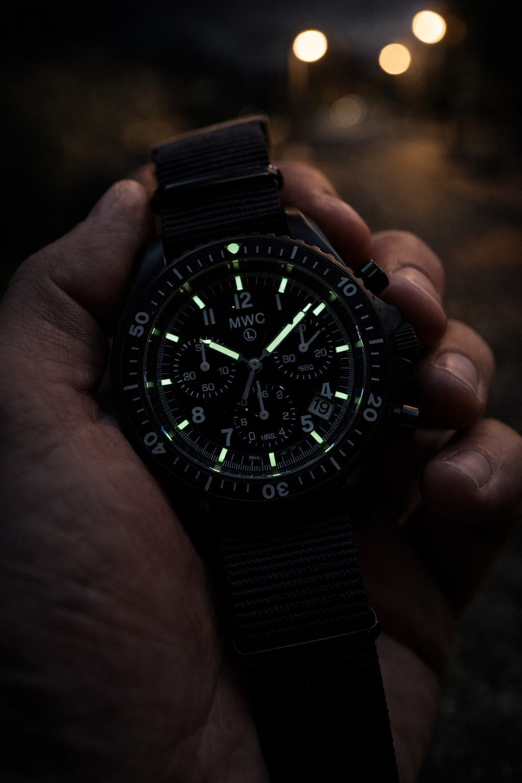 MWC NATO Pattern Black PVD Steel Military Pilots Chronograph with Sapphire Crystal and Swiss Ronda Movement with GTLS/Tritium Illumination