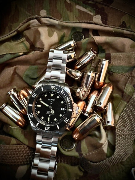 MWC 24 Jewel 300m Automatic Military Divers Watch with Sapphire Crystal and Ceramic Bezel on a Matching Stainless Steel Bracelet