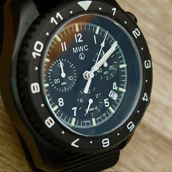 MWC NATO Pattern Stainless Steel Military Pilots Chronograph with Sapphire Crystal and Swiss Ronda Movement - 12 Hour GMT Bezel and GTLS/Tritium Illumination