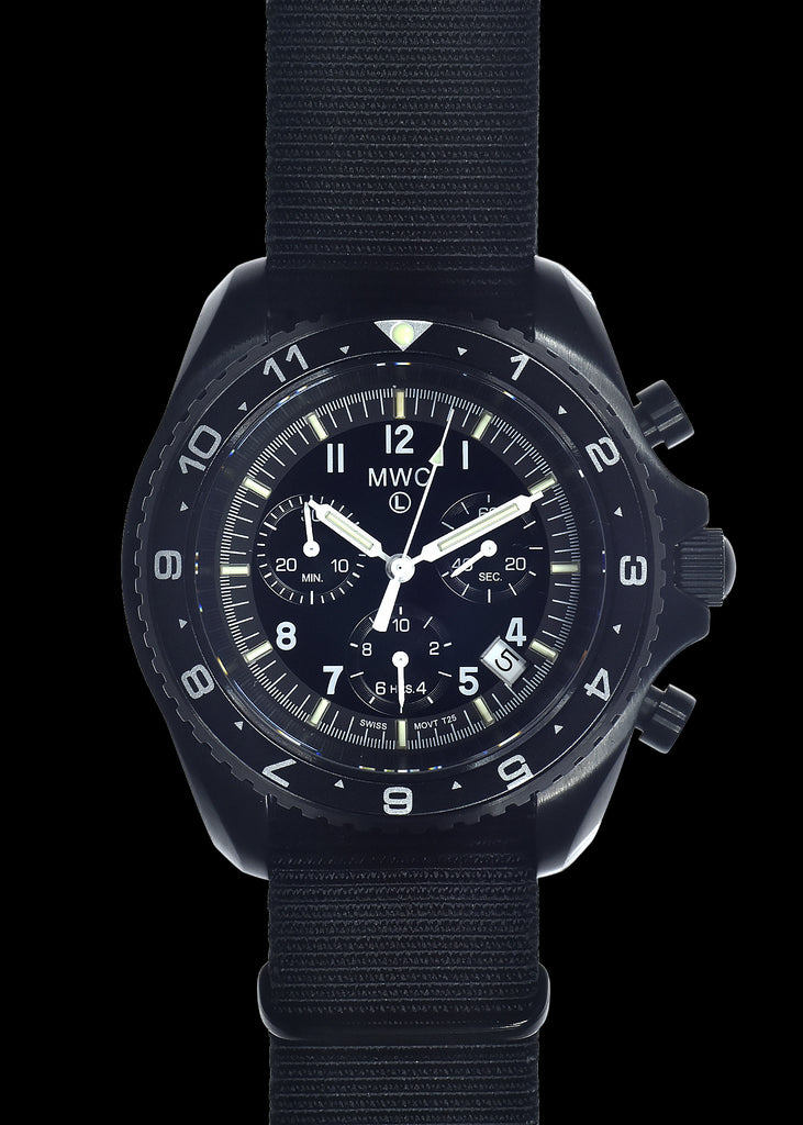MWC NATO Pattern Stainless Steel Military Pilots Chronograph with Sapphire Crystal - 12 Hour Dial with GTLS/Tritium Illumination