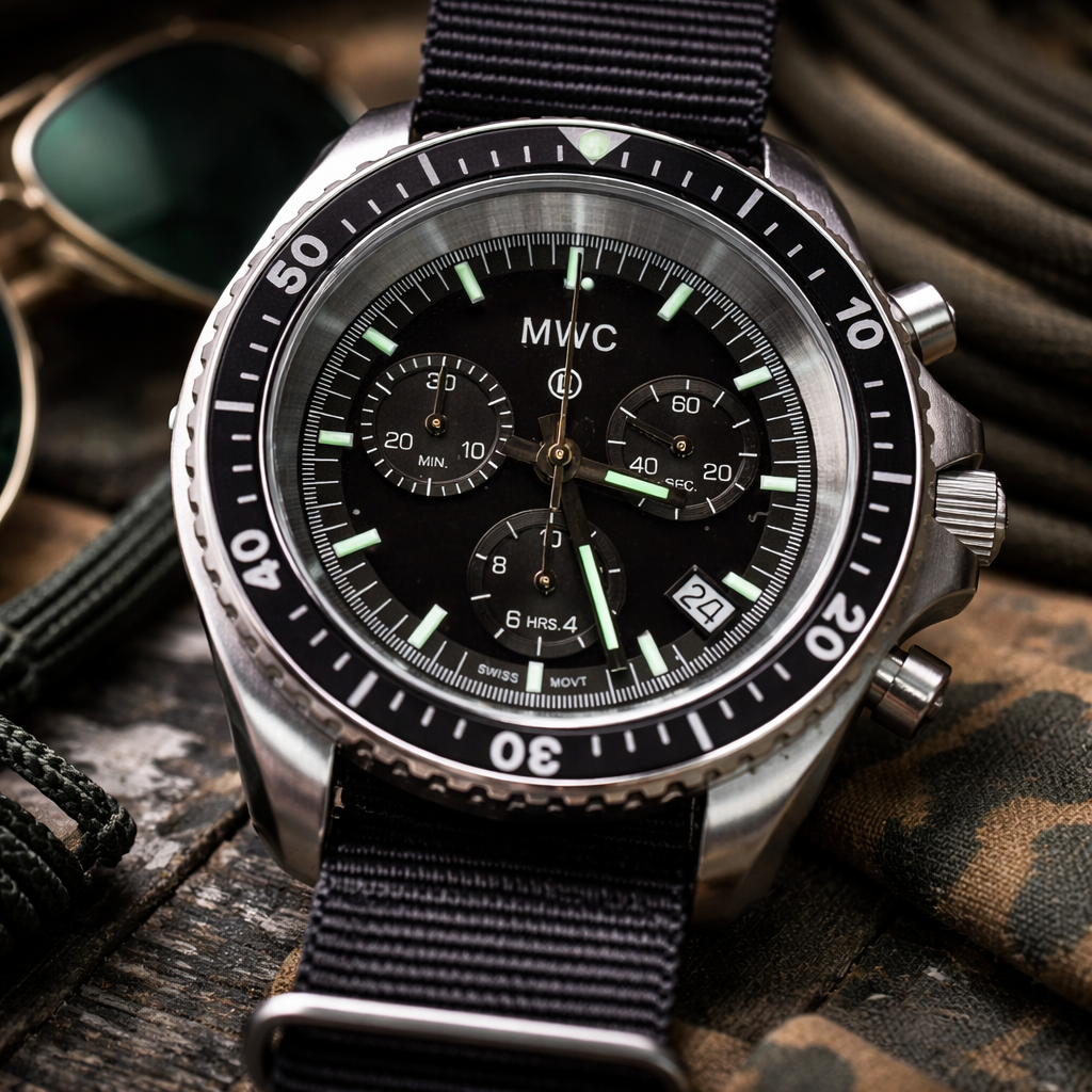 MWC NATO Pattern Stainless Steel Military Pilots Chronograph with Sapphire Crystal and Swiss Ronda Movement