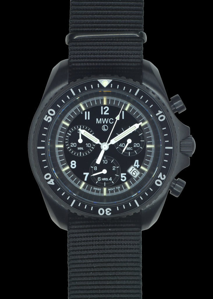 MWC NATO Pattern Black PVD Steel Military Pilots Chronograph with Sapphire Crystal with GTLS/Tritium Illumination