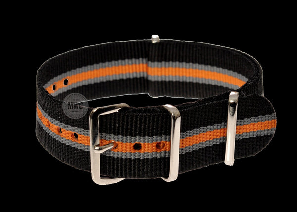 20mm Black, Grey and Tangerine NATO Military Watch Strap