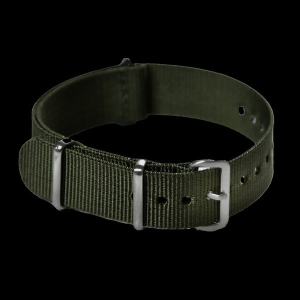 18mm Olive NATO Military Watch Strap with Brushed Stainless Steel Fasteners